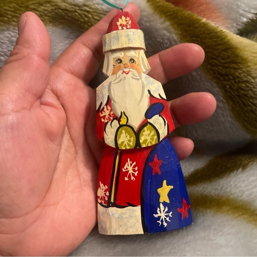 Vintage Hand Painted Russian Santa Carved Wood Ornament Figurine 4"